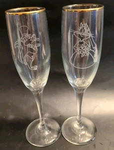 De colección 1986 Pepe Le Pew & Penélope vasos para tostar flautas de boda con borde dorado - Imagen 1 de 8
