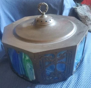 ART NOUVEAU PARALUME LAMPADA VETRO SCORIE 8 lati vetro scorie blu antico verde  - Foto 1 di 12