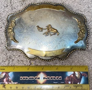 VINTAGE Calf Roping Trophy Belt Buckle Estate Piece 6 1/4 X 4 1/2 - Picture 1 of 4
