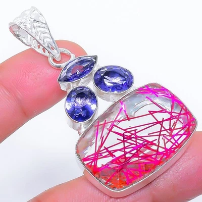 Rosa Rutilo Quarzo, Tanzanite Gemma 925 Argento Sterling Ciondolo Gioielli 5.6cm - Immagine 1 di 4