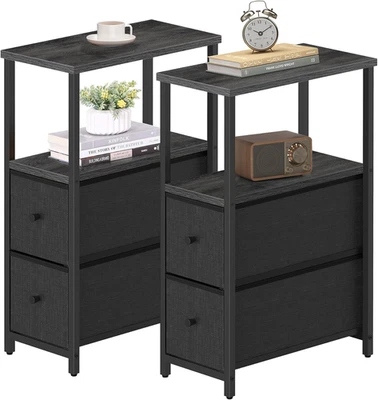 Small Narrow End Table, Set of 2, Side Table, Nightstand with 2 Cloth Drawers, C - Image 1 of 4