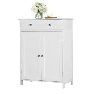 White Wooden Bathroom Floor Cabinet Storage Cupboard W/ Shelves for Home Kitchen - Image 1 of 4