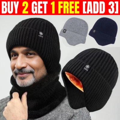 Winter Warm Men Beanie Hat Knit Work Hat With Ear Flaps Outdoor Sport Ski Cap UK