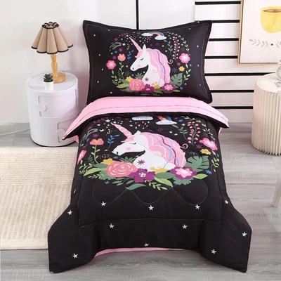 Juego de cama unicornio para niños pequeños para niñas, juegos de cama unicornio de 4 piezas negro arco iris fl Foto 1 de 4