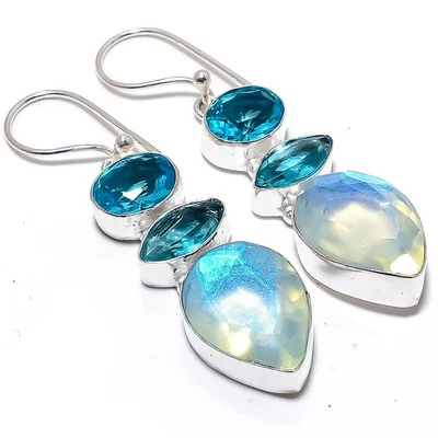 Orecchini In Argento Sterling 925 Con Topazio Blu E Topazio Arcobaleno 2.4" - Immagine 1 di 4