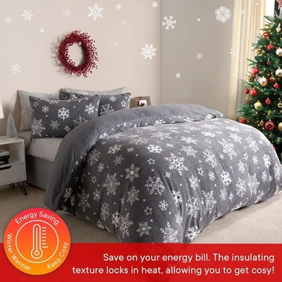 GLOWWORLDUK Snowflake Teddy Fleece Duvet Cover Bedding Set Winter Christmas Quilt Bed Soft