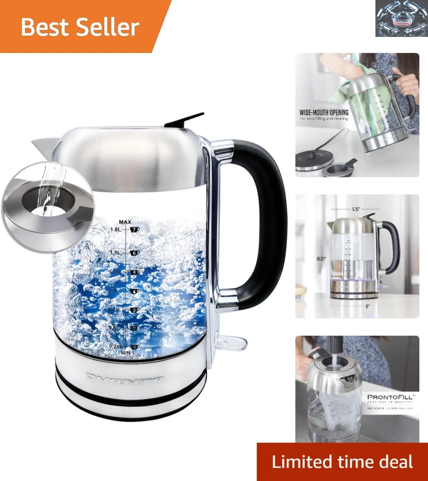 Elegante hervidor eléctrico plateado con vidrio de borosilicato de 1,8 L y apagado automático Foto 1 de 4