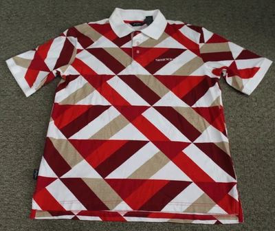 NUEVO Y2K Sean John Rojo Blanco Beige AOP Abstracto Rayas Polo Para Hombre Mediano Foto 1 de 4