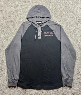 Harley Davidson Staple Raglan Henley Pullover Hoodie Men’s Size Large Gray Black - Image 1 of 4