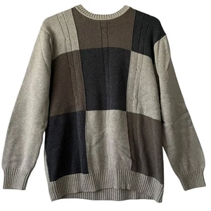 Dockers Mens XL Brown Gray Block Pattern Crew Neck Cotton Knit Grunge Sweater - Picture 1 of 5