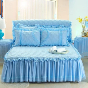 Korean Princess Lace Bedspread Skirted Queen King Dust Ruffle Quilted Bed Cover - Picture 1 of 16
