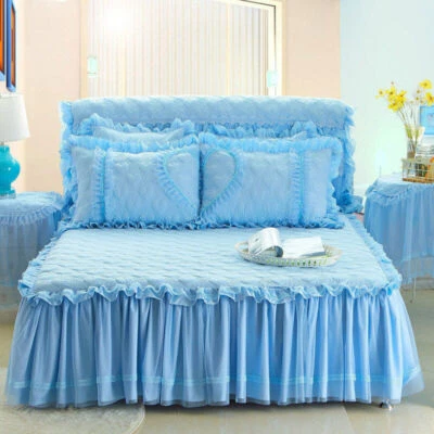 Korean Princess Lace Bedspread Skirted Queen King Dust Ruffle Quilted Bed Cover - Image 1 of 4