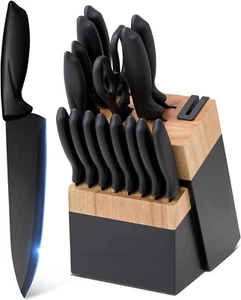 Set Blocco Coltelli da Cucina 16PCS Legno Nero Alto Carbonio Acciaio Inox con Affilatura - Foto 1 di 4