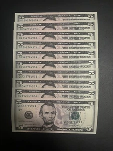 $5 Bills - 10 Uncirculated Five Dollar Bills In Sequential Order - Picture 1 of 5