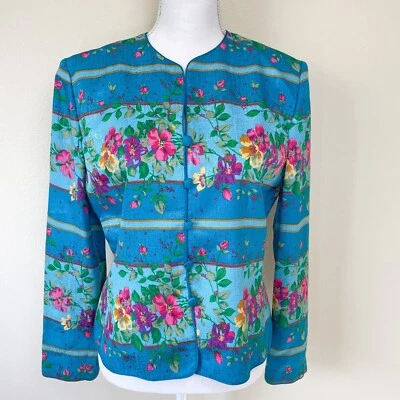Chaqueta Blazer Adrianna Papell Seda 8 Azul Rosa Floral Cottagecore Elegante Top Foto 1 de 4