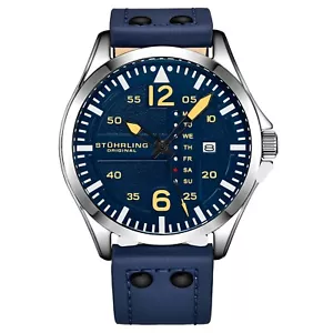 Stuhrling 3916 4 Aviator Day Date Blue Leather Strap Mens Watch - Picture 1 of 3