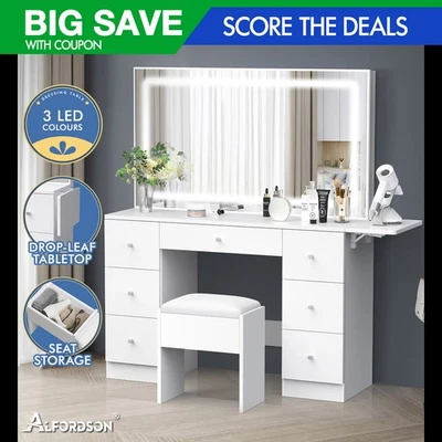 ALFORDSON Dressing Table Stool Set Makeup Mirror LED Vanity Desk 7 Drawers White - image 1 of 4