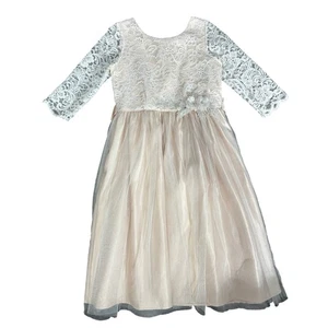 Lace Flower Girl Dress Peach Cream 3/4 Length Party Occasion Event Dress Sz 12 - Picture 1 of 9