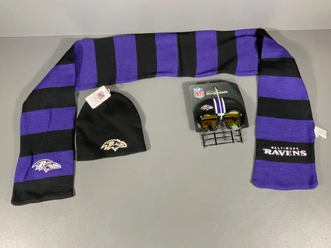 Baltimore Ravens NFL Ultimate Fan Gift Lot Sunglasses, Scarf, and Winter Beanie Cover