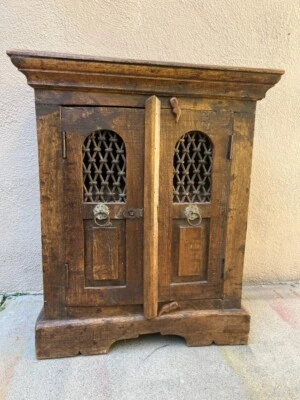 RARE Indian 19th Century Wooden Side Cabinet with Arched Metal Grate Window Door - Image 1 of 4