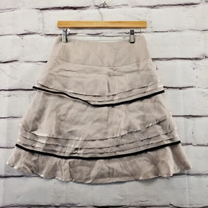 REISS Skirt Womens 4 Tiered Rear Zip Silk Linen Blend Knee Length Beige Black - Picture 1 of 11