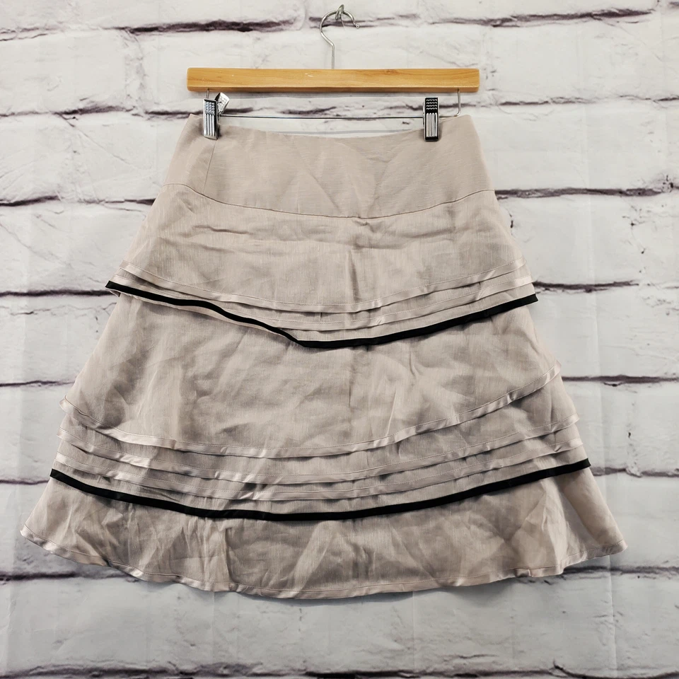 Falda REISS para mujer 4 niveles cremallera trasera seda mezcla lino hasta la rodilla beige negra Foto 1 de 4