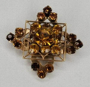Vintage Cross Brooch Gold Tone Amber Rhinestones Pin Prong Set - Picture 1 of 12