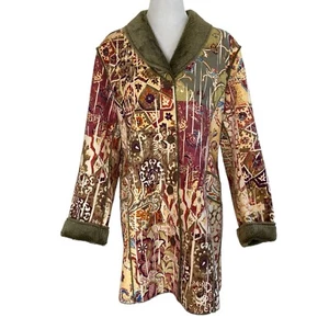 Chicos 2 Bohemian Coat Size Large 12 Green Paisley Print Faux Fur Lining Hippie - Picture 1 of 11