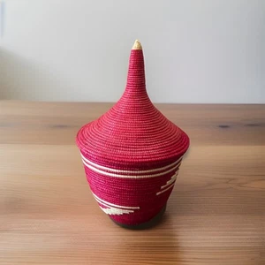 Vintage Rwanda Tutsi Nesting Baskets African Lids Set Of 4 Red 6” Tall - Picture 1 of 8