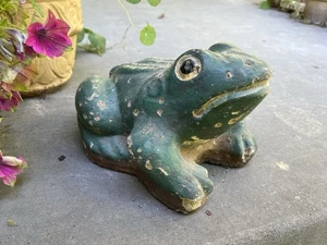 Vtg 9.5”Heavy-Concrete Cement Old-Chippy Green-Painted Garden FROG Statue-11lb - Picture 1 of 23
