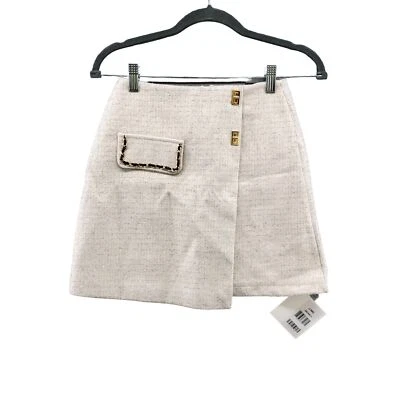 NUEVO CON ETIQUETAS J.ING Minifalda de Tweed para Mujer XS 24"" Cintura Marfil Metálico Dorado Real Foto 1 de 4