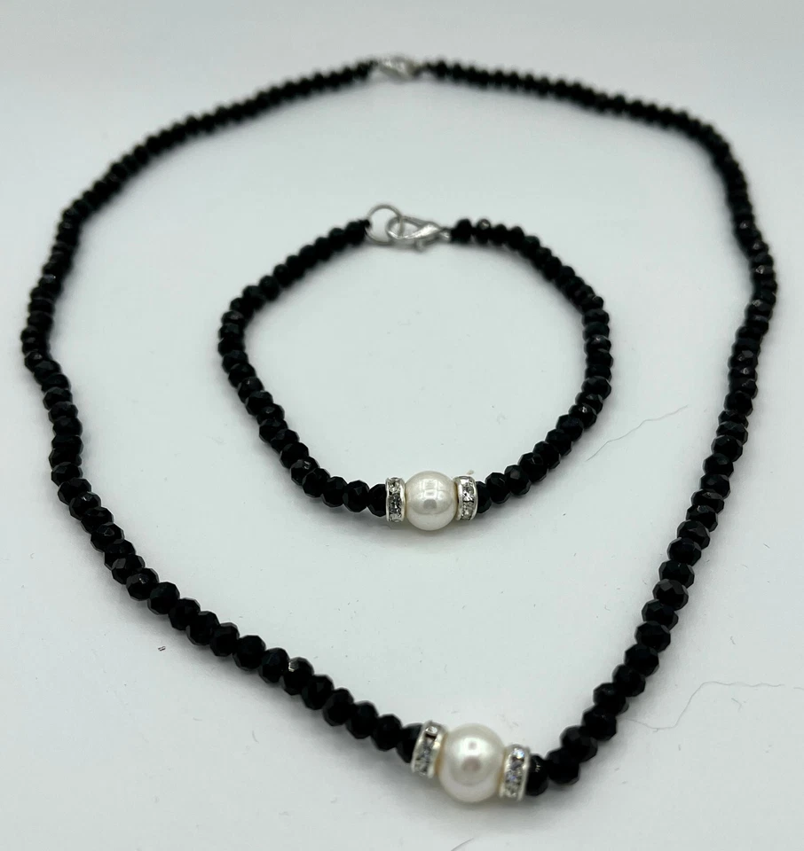Juego de collar y pulsera con cuentas de rondelle y perlas de piedras preciosas de ágata negra natural Foto 1 de 1