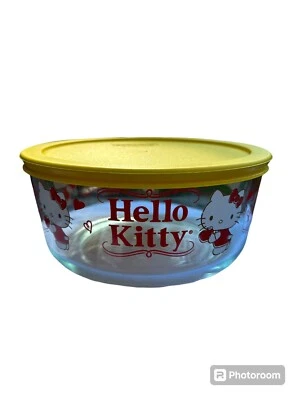 Pyrex Hello Kitty 7-Cup Clear Glass Storage Bowl with Yellow Plastic Lid NEW - Image 1 of 4