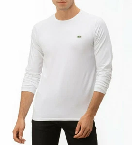 Mens Lacoste T Shirt Crew Neck Tee White Pima Cotton Long Sleeve TH6712 NEW - Picture 1 of 3