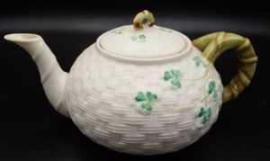 Belleek Shamrock Basketweave Green Mark Ireland Irish Teapot 4th Mark EXC! - Picture 1 of 5