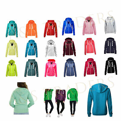 Ladies Womens Plain Zip Up Hoodie Sweatshirt Fleece Jacket Hooded Top UK 8 To 22 • 12€