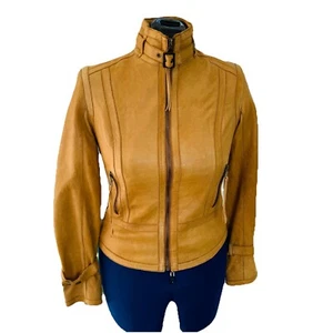 Marc New York Women's Leather Jacket Tan Beige Camel Sz. XS Biker Moto Buckles - Picture 1 of 18