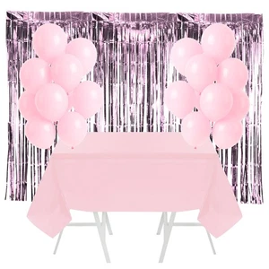 Pink Birtday Party Set 3 Foil Door Curtains & Pink Tablecloth Pink Balloons - Picture 1 of 2