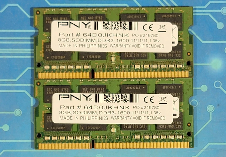 16GB (2x8GB) PC3-12800s DDR3-1600MHz 2Rx8 Non-ECC PNY 64D0JKHNK - Image 1 of 2