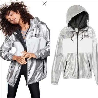Chaqueta cortavientos Victoria's Secret Anorak cremallera completa capucha Triumph plateada XS/S Foto 1 de 4