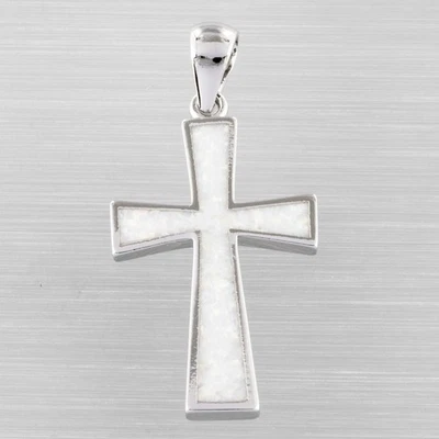 Classic Latin Cross White Fire Opal Silver Jewelry Necklace Pendant - Image 1 of 4