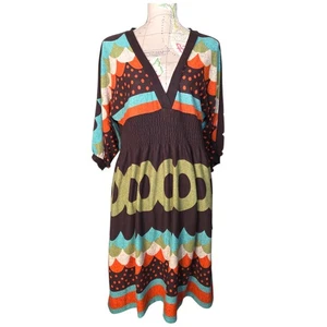 Vestido TWENTY ONE Retro Abstracto Sobrepelliz Marrón Verde Hasta la Rodilla Talla Grande RARO - Imagen 1 de 10