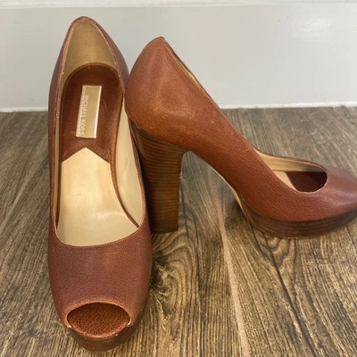 MICHAEL KORS Peep Toe Plataforma Tacones Cuero Marrón Grueso Tacón Bloque Zapatos 7.5 M Foto 1 de 4