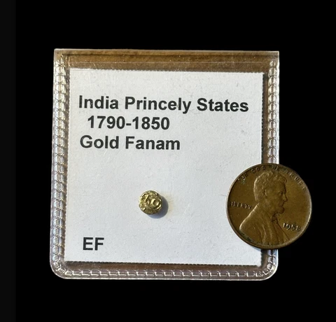 1790-1850 India Gold Fanam ~ VERY Small Gold Coin .38 Grams ~ Cent For Size Cover