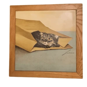 Vintage Lowell Herrero 1982 Katze in braun Papiertüte Fliese Wandbehang Luxus - Bild 1 von 8