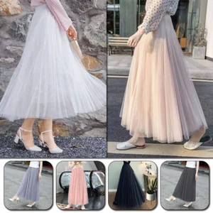 Maxi abito lungo donna elegante plissettato tulle maglia gonna elastico vita alta strati - Foto 1 di 30