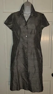 Black White Gingham Check 100% Silk Button Front Shirt Dress Shirtdress M - Picture 1 of 6