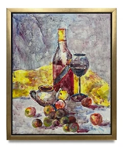 Hungryartist -Original Oil Painting of Wine &Fruits on Canvas 8x10 Framed - Picture 1 of 6
