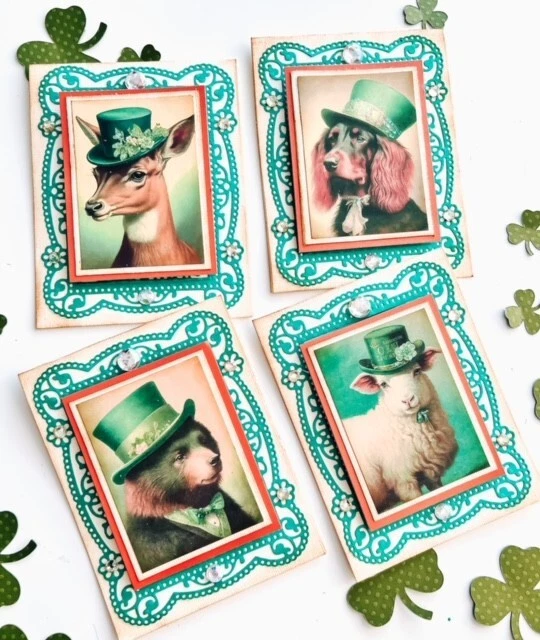 Set of 4 Handmade St Patrick’s Day Fancy Irish Critters #1 Greeting Cards - Image 1 of 2