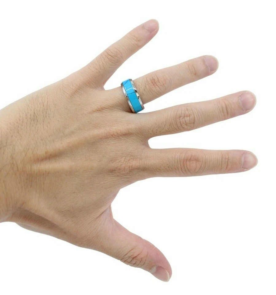 Turquoise Stainless Steel Ring Band - 8mm - Wedding Ring, Unisex, Hawaii Foto 1 de 1